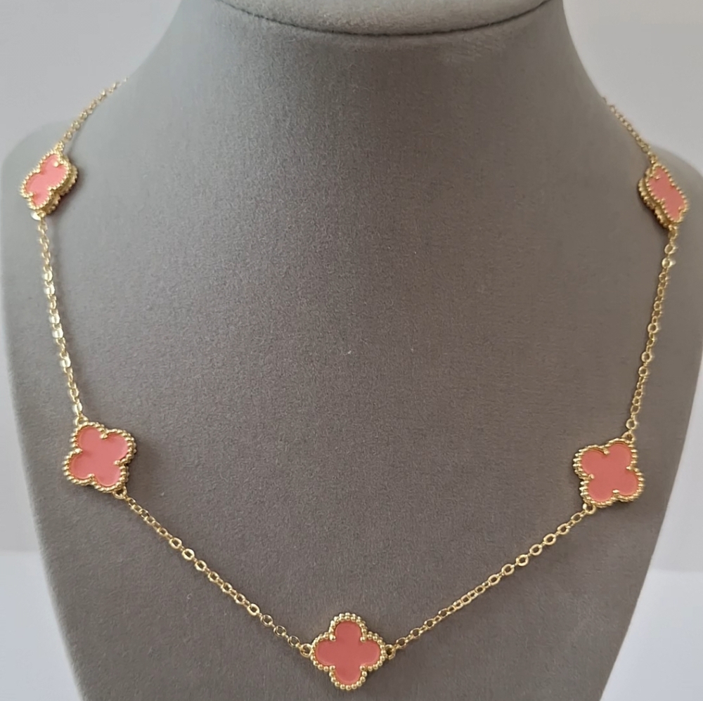Pink enamel four leafs five  flowers necklace